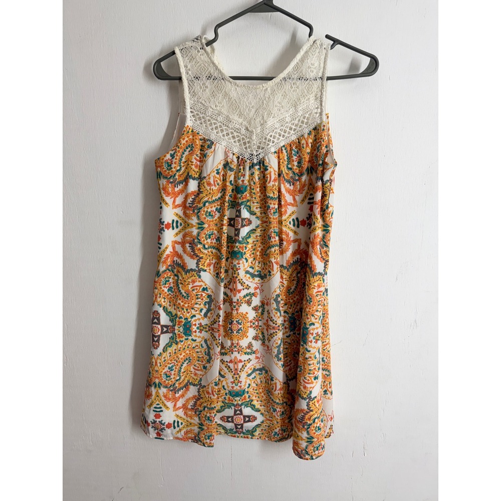 Boho Paisley Crochet Lace Yoke Sleeveless Tunic Top Orange Teal Cream Blouse